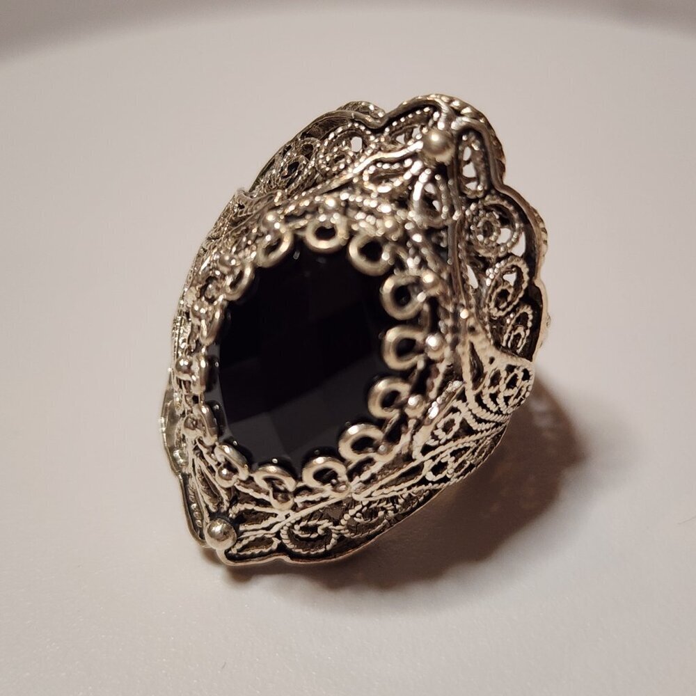 Vintage 925 Silver Black Onyx Filigree Ring - Picture 4 of 8